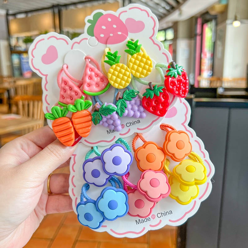 Set 10 Dây Buộc Tóc HOẠT HÌNH THÚ TRÁI CÂY CUTE Cho Bé Gái ( Vỉ Giấy Mặt Gấu )