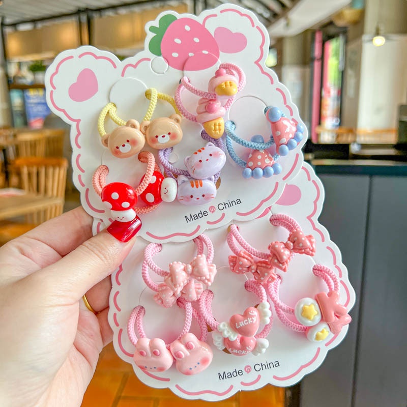 Set 10 Dây Buộc Tóc HOẠT HÌNH THÚ TRÁI CÂY CUTE Cho Bé Gái ( Vỉ Giấy Mặt Gấu )