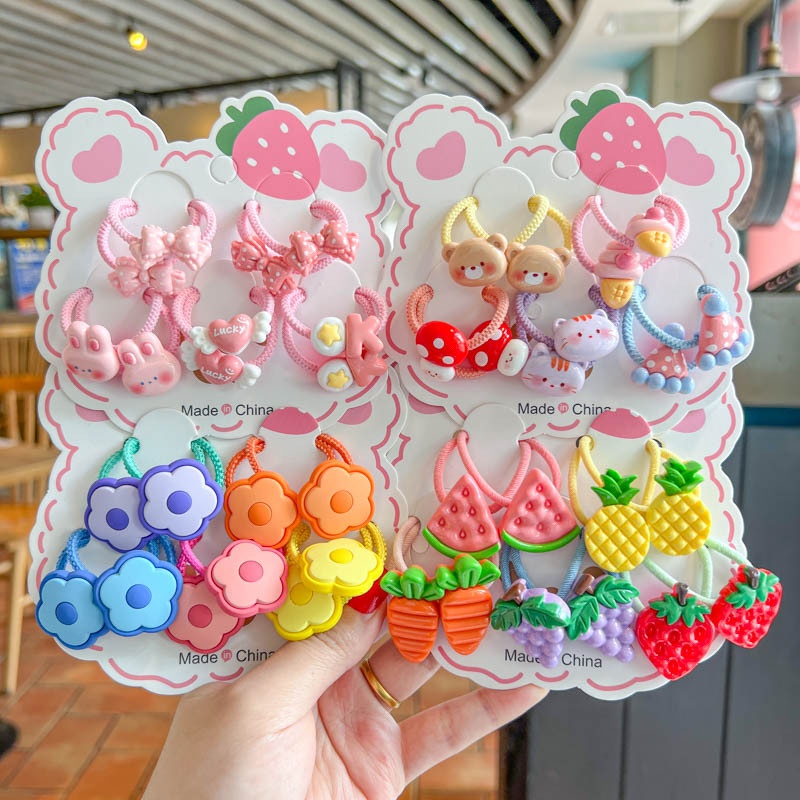 Set 10 Dây Buộc Tóc HOẠT HÌNH THÚ TRÁI CÂY CUTE Cho Bé Gái ( Vỉ Giấy Mặt Gấu )