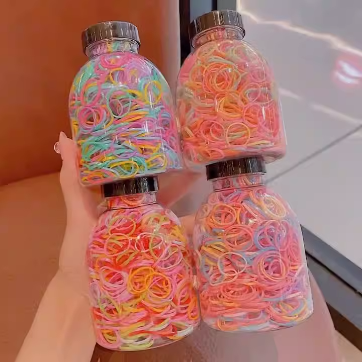 Set 1000 Dây Thun Buộc Tóc Nhiều Màu Cho Bé Trong Bình(Nắp Đen)