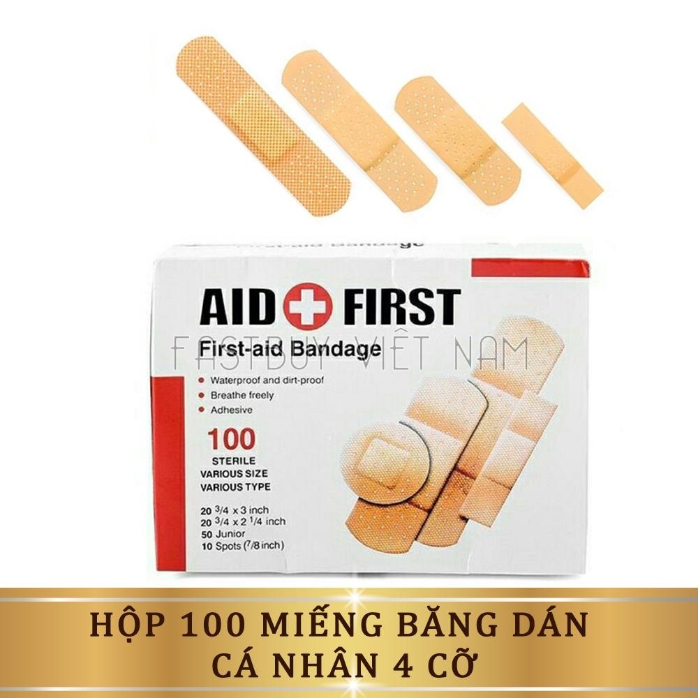 Hộp 100 Miếng Dán Vết Thương Nhiều Kích Cỡ AID FIRST DẤU + MÀU ĐỎ - hộp 100 miếng
