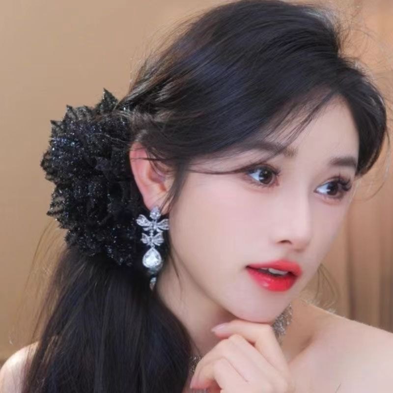Kẹp Tóc Ngoạm 13cm Kiểu Hoa Lá Kim Tuyến - MÀU ĐEN