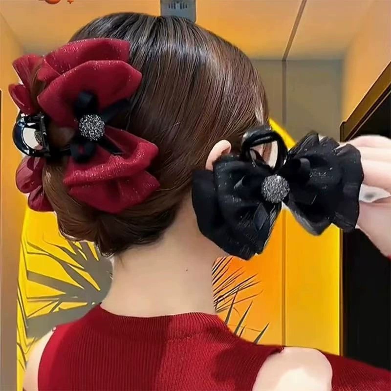 Kẹp Tóc Ngoạm 10cm 4 Nơ Ruy Băng Kim Tuyến - MÀU NÂU
