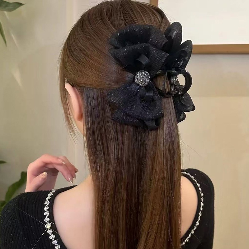 Kẹp Tóc Ngoạm 10cm 4 Nơ Ruy Băng Kim Tuyến - MÀU NÂU