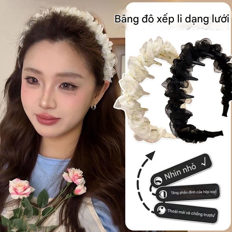 Bờm Tóc/Băng Đô Xếp Ly Vải Voan Tạo Phồng Mẫu 2025 (11 Răng Cài/CÓ HẠT/B19) - ĐEN