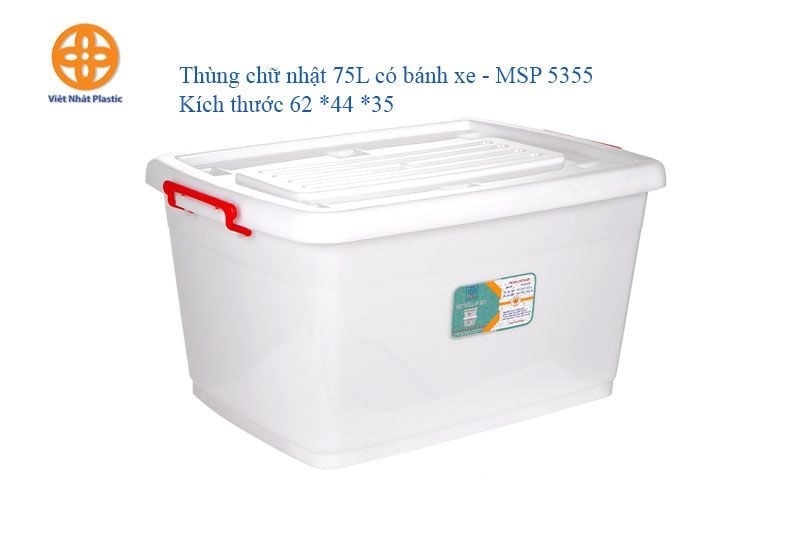 Thùng Việt Nhật Hình Chữ Nhật Màu Trắng 75L Mã 5335 (Có Bánh Xe)
