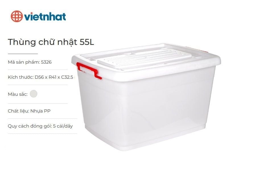 Thùng Nhựa Chữ Nhật 55L Màu Trắng Có Bánh Xe Mã 5326