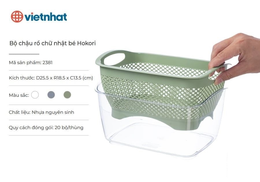 Rổ Chậu Chữ Nhật Bé Hokori Mã 2381 (Chậu Nhựa Trong) - Xanh Lá