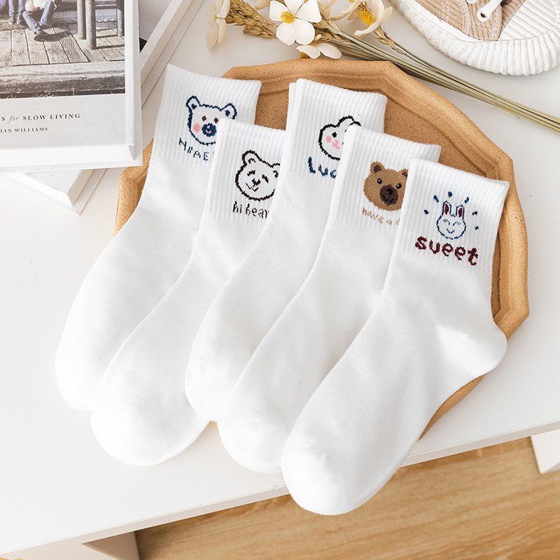 Set 10 Đôi Tất NỮ Trắng Cổ Cao Họa Tiết Thỏ Gấu NICE DAY(Túi Zip)
