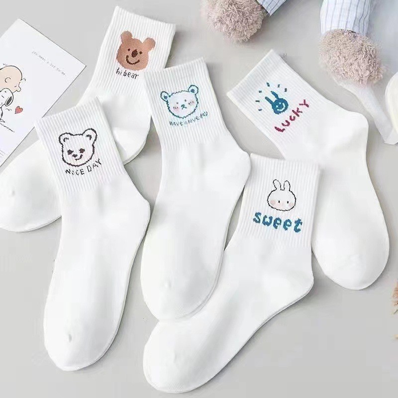 Set 10 Đôi Tất NỮ Trắng Cổ Cao Họa Tiết Thỏ Gấu NICE DAY(Túi Zip)