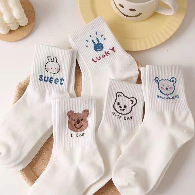 Set 10 Đôi Tất NỮ Trắng Cổ Cao Họa Tiết Thỏ Gấu NICE DAY(Túi Zip)