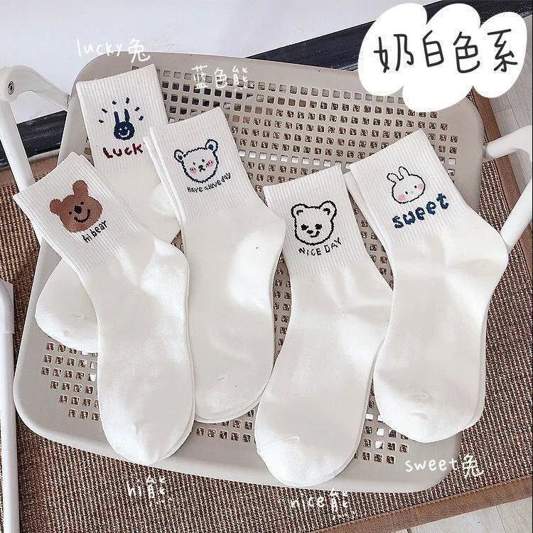 Set 10 Đôi Tất NỮ Trắng Cổ Cao Họa Tiết Thỏ Gấu NICE DAY(Túi Zip)