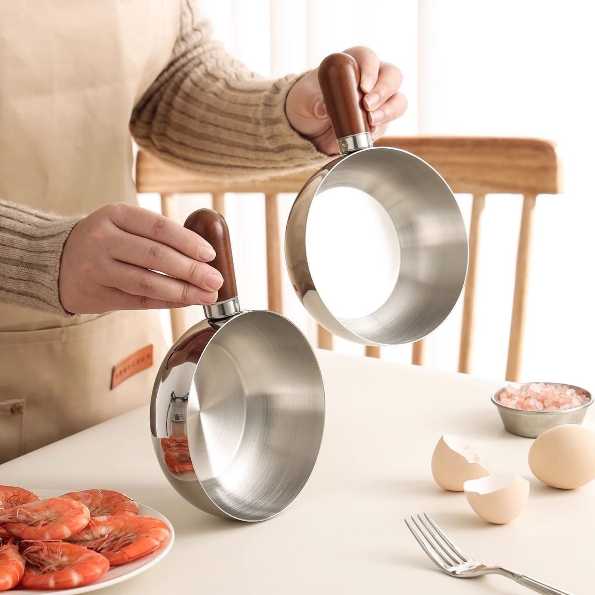 Chảo inox Mini Cán Gỗ 14cm (Ko Nắp)