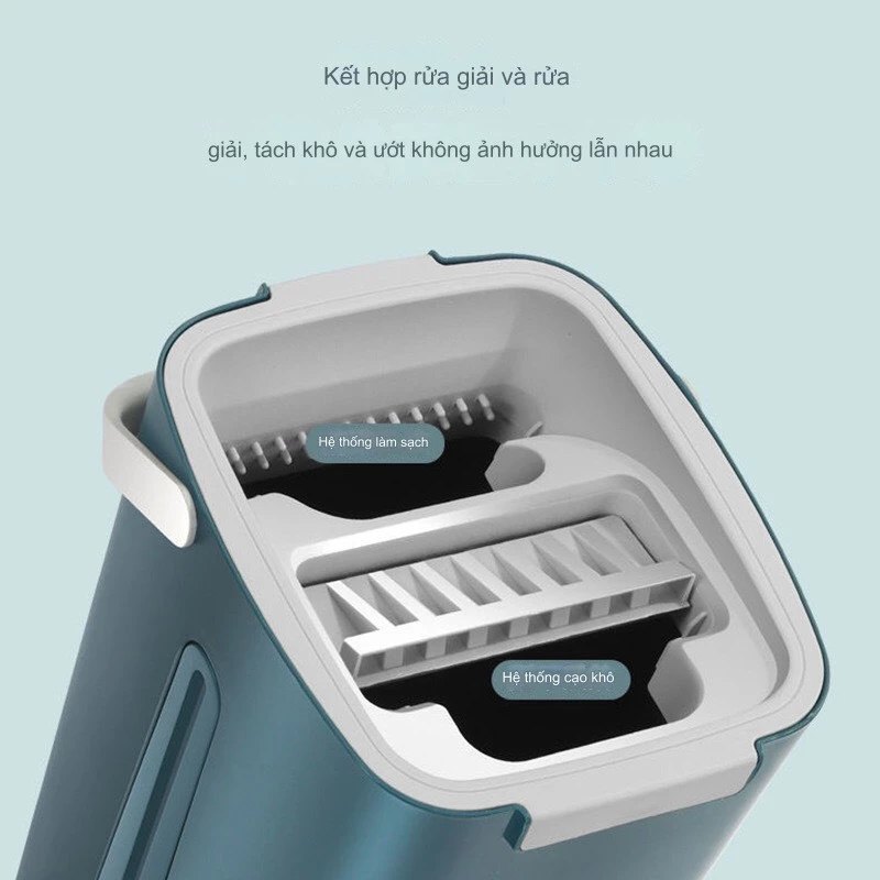 Bộ Lau Nhà (1 Thùng + 2 Cây Lau và 8 Bông Lau) Lau Tự Vắt Thông Minh, Chổi Lau Nhà Phẳng Xoay 360 Độ