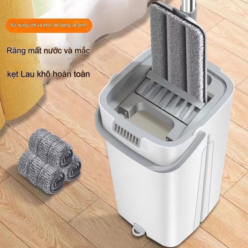 Bộ Lau Nhà (1 Thùng + 2 Cây Lau và 8 Bông Lau) Lau Tự Vắt Thông Minh, Chổi Lau Nhà Phẳng Xoay 360 Độ
