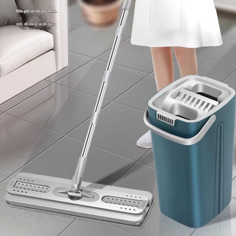 Bộ Lau Nhà (1 Thùng + 2 Cây Lau và 8 Bông Lau) Lau Tự Vắt Thông Minh, Chổi Lau Nhà Phẳng Xoay 360 Độ