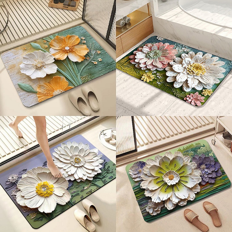 Thảm Chân Hoa 5D Chữ Nhật Vải Nỉ 60x40 Đế Chống Trượt - mẫu ngẫu nhiên