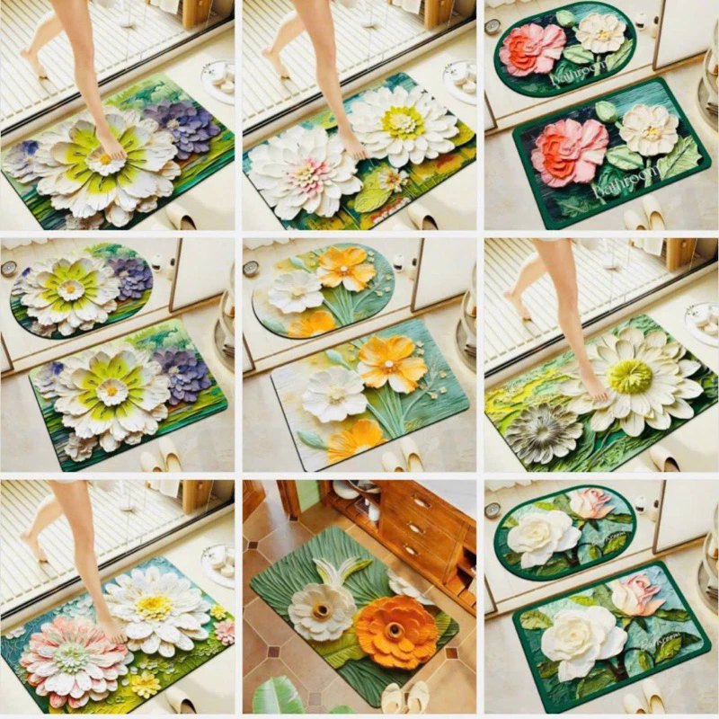 Thảm Chân Hoa 5D Chữ Nhật Vải Nỉ 60x40 Đế Chống Trượt - mẫu ngẫu nhiên