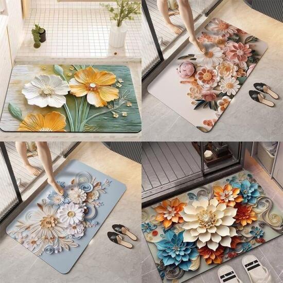 Thảm Chân Hoa 5D Chữ Nhật Vải Nỉ 60x40 Đế Chống Trượt - mẫu ngẫu nhiên