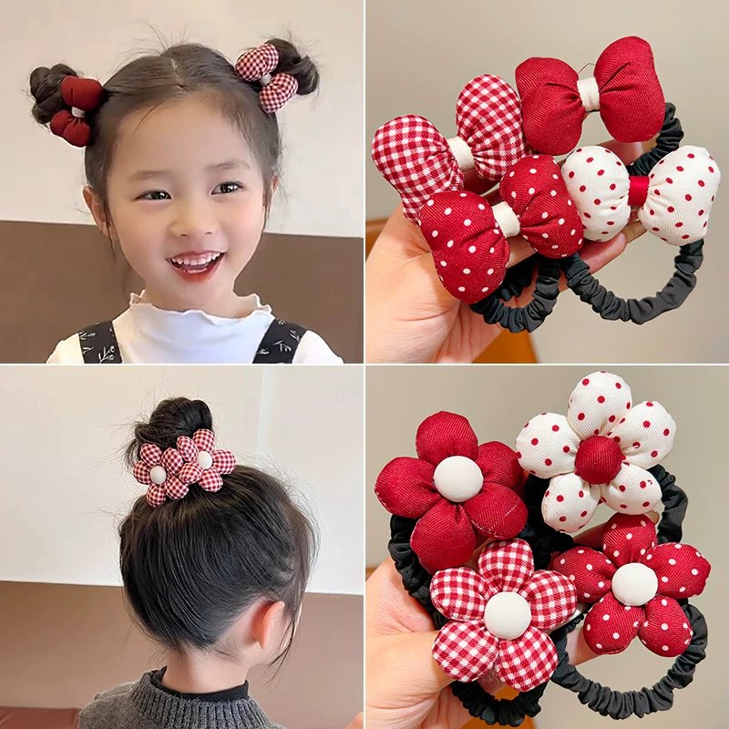 Chun Cột Tóc Hoa Nơ Phồng Đỏ - Hoa Đỏ Chấm Bi