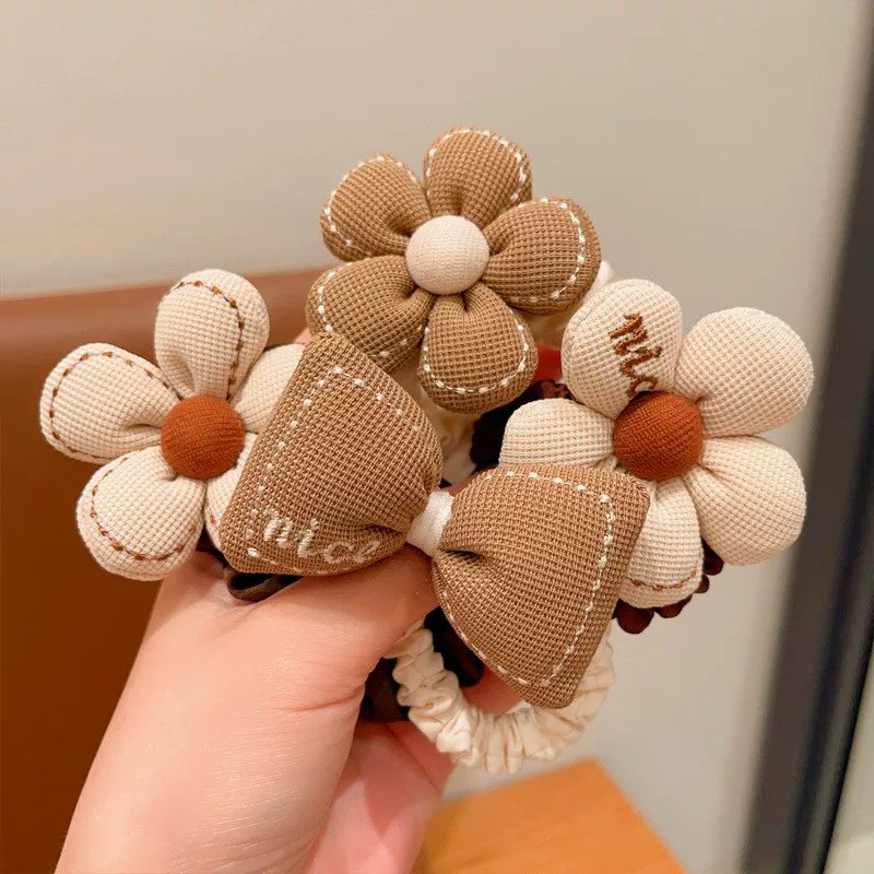 set 3 Dây Buộc Tóc Vải Hoa Nơ Phồng Nâu-Be - Màu Be