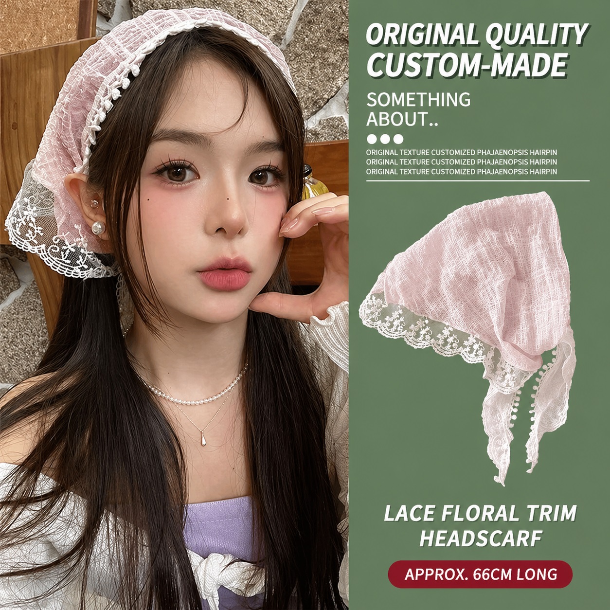 Băng Đô Khăn Ren Chùm Đầu - Khăn Ren Màu Hồng