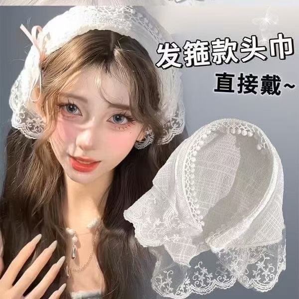 Băng Đô Khăn Ren Chùm Đầu - TrắngNgàKhănRenTrắng