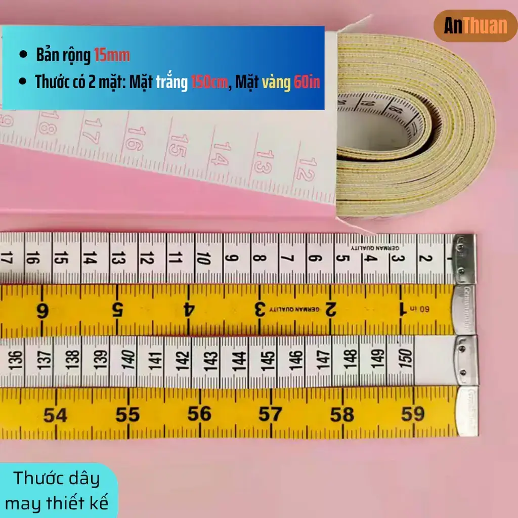 Thước dây Đức Hoechstmass 2 mặt trắng vàng dài 150cm/60inch vạch kẻ rõ ràng đo chuẩn xác, mềm mại