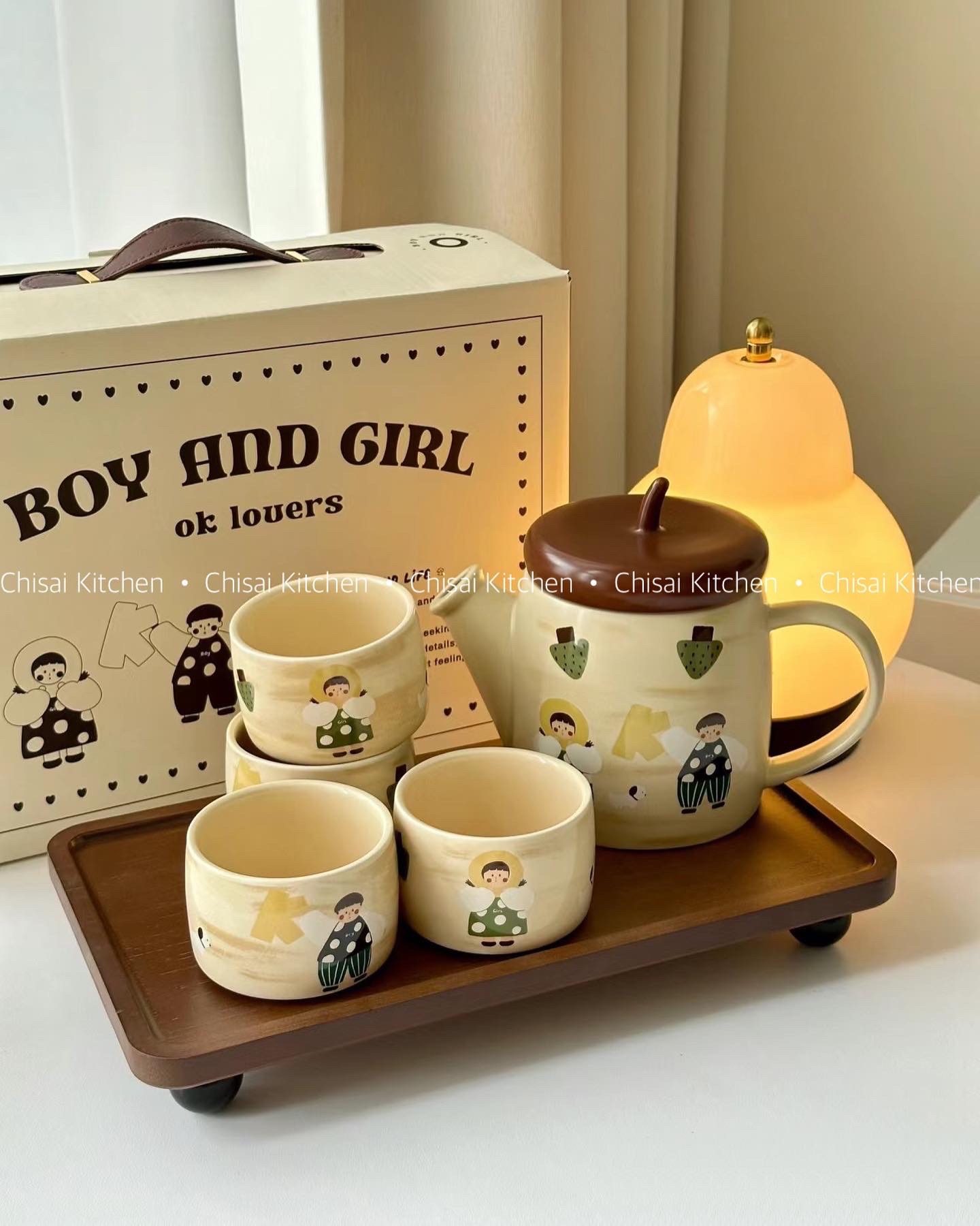 Set trà Mushroom boy girl 4 cốc kèm khay