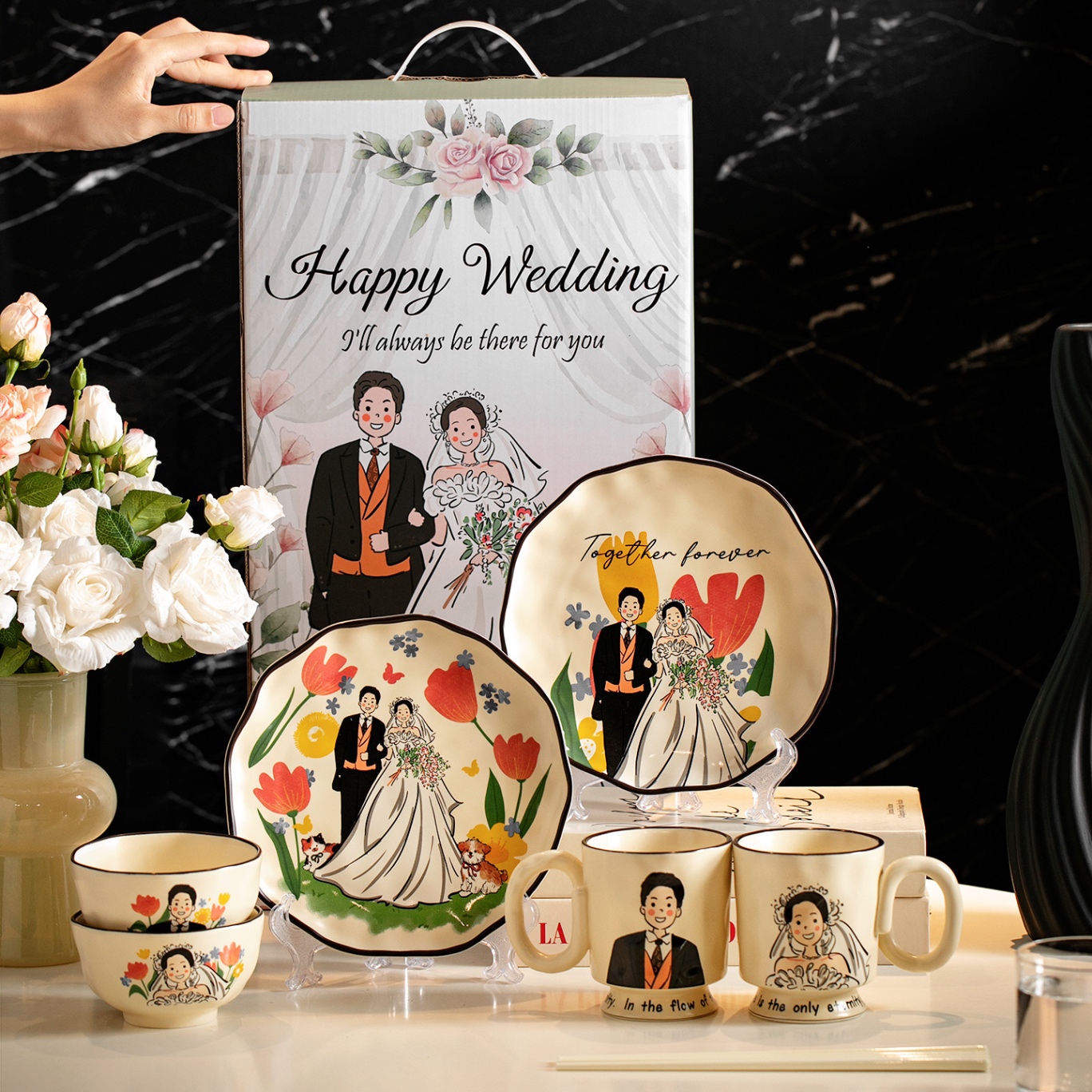 Set bát đĩa happy wedding