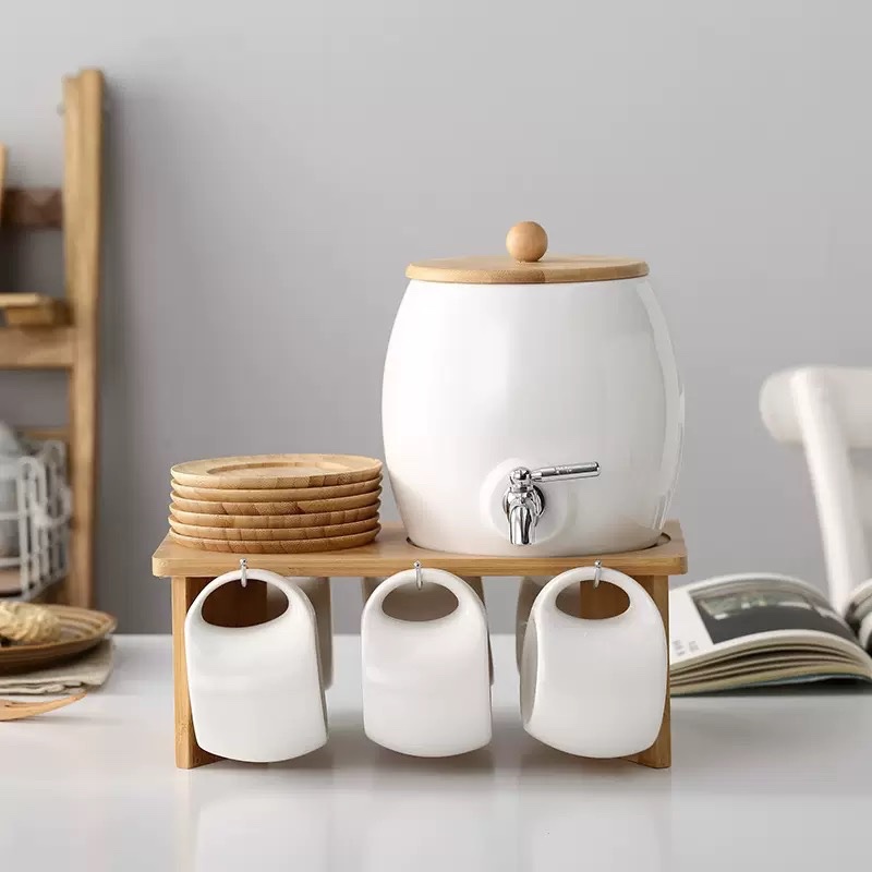 Set bình sứ trắng 6 cốc 6 đĩa kèm giá treo
