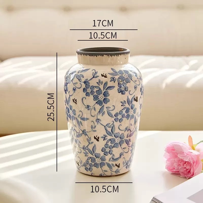 Bình gốm hoa xanh cổ C- đáy tròn
