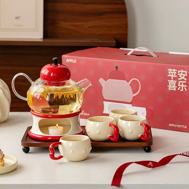 Set trà táo đỏ 4 cốc + khay + bếp nến