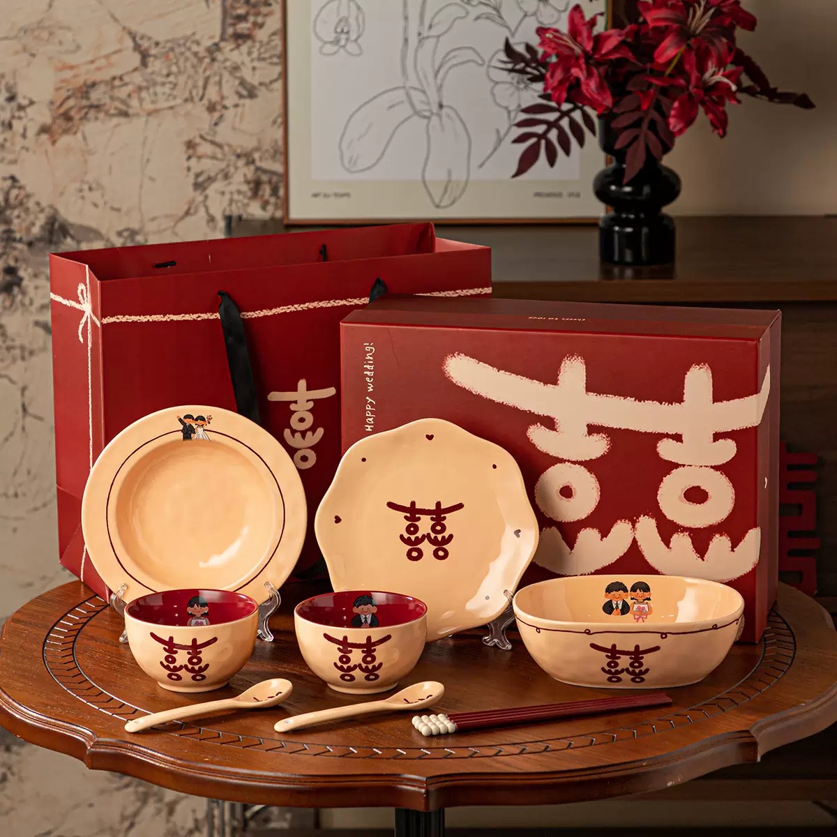 Set bát wedding chữ Hỷ 3