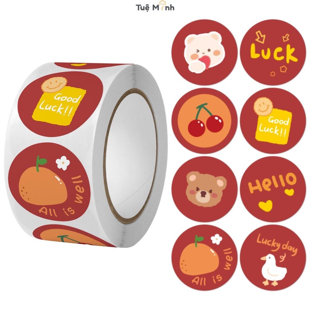 Cuộn 500 Sticker cute tròn hoạt hình Cô gái, Gấu Thỏ TE03, decal nhãn ...