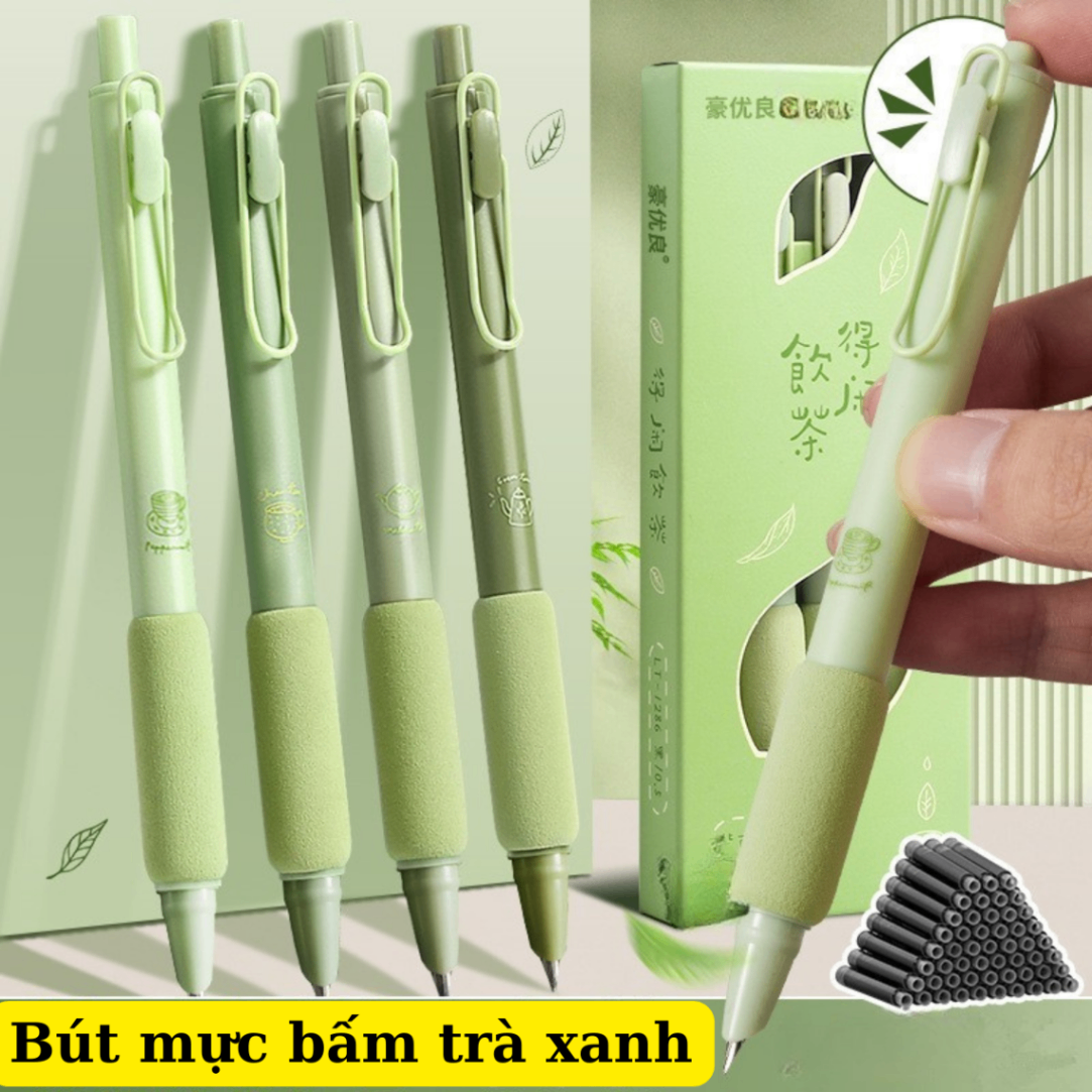 Bút Máy Bấm Trà Xanh B178 Ngòi 0.38mm Bút Mực Vỏ Matcha Luyện Viết Chữ Có Đệm Tay Mềm, Viết Đẹp