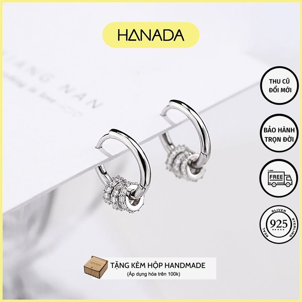 Bông Tai Bạc 925 Hanada Khoen Tròn 3 Đá 0622 1.1CM CHIẾC