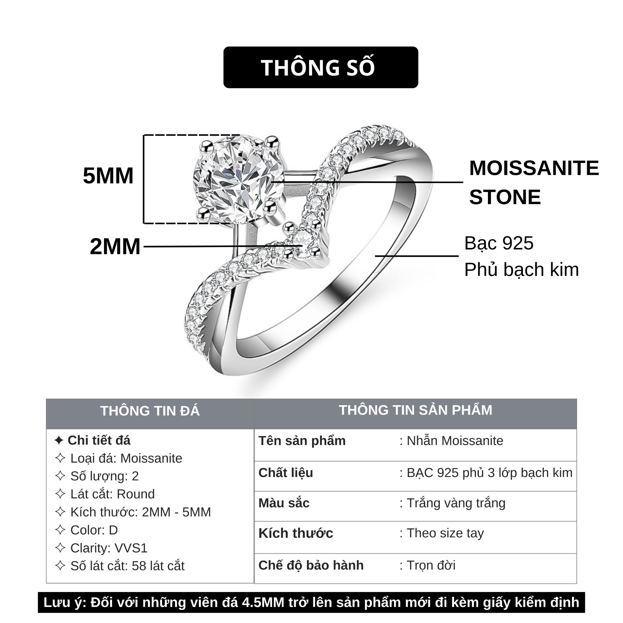Nhẫn Bạc 925 Kim Cương MOISSANITE V Đá Cao Chéo Xoắn