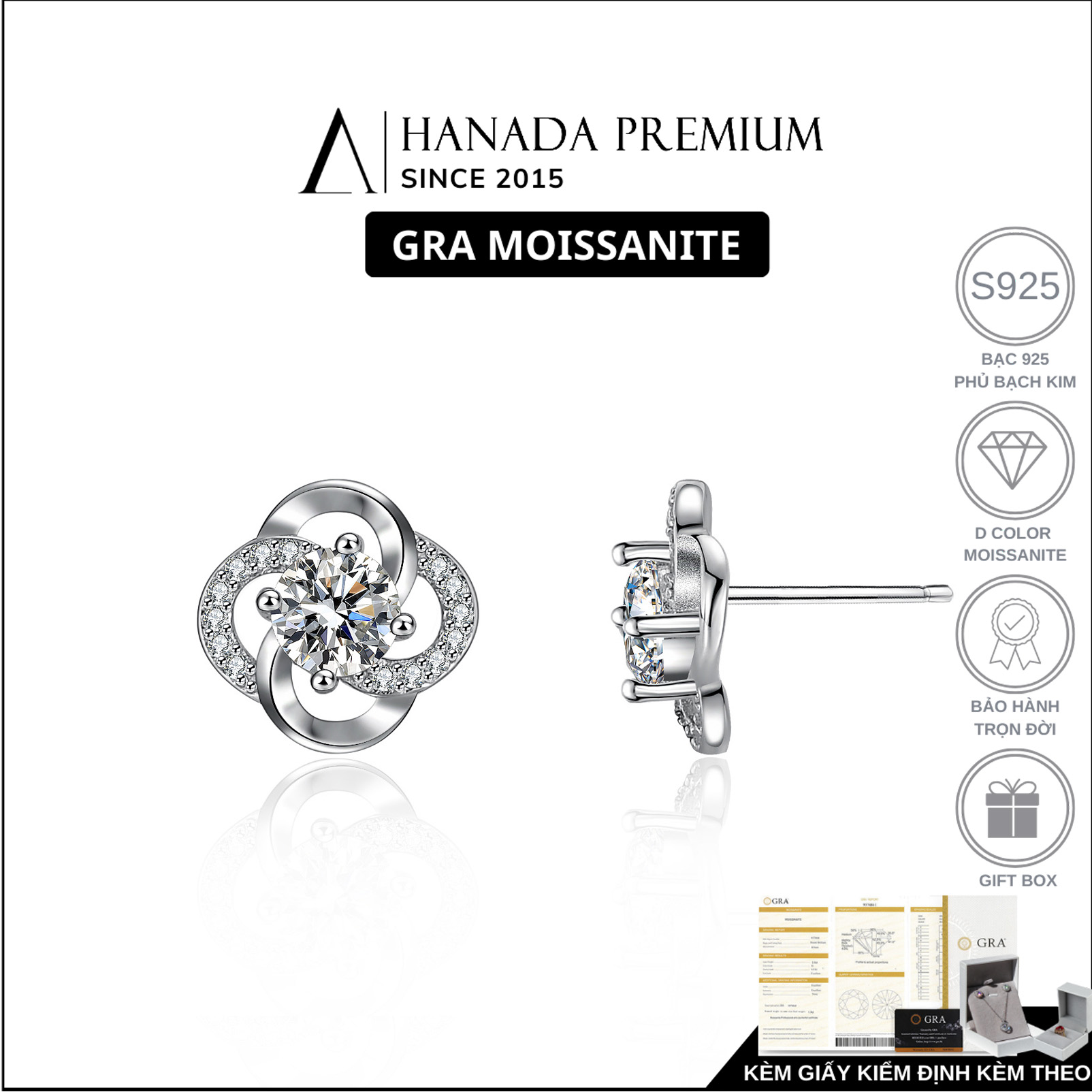Bông Tai Moissanite 5mm Bạc 925 Nút Đồng Tâm 2538