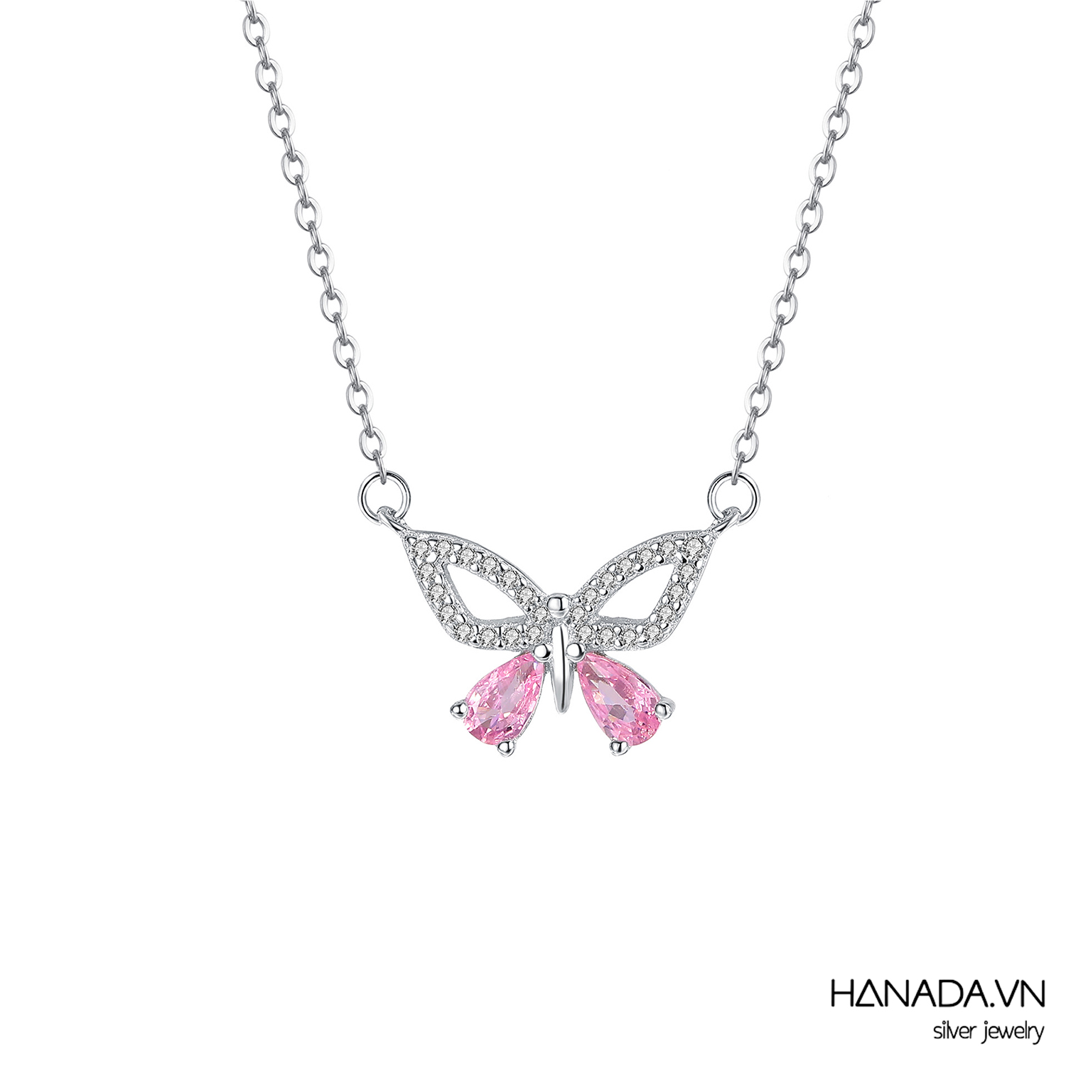 Dây Chuyền Đá Cubic Zirconia Hồ Điệp Đá Hồng Cánh Lớn Nữ HANADA 2795