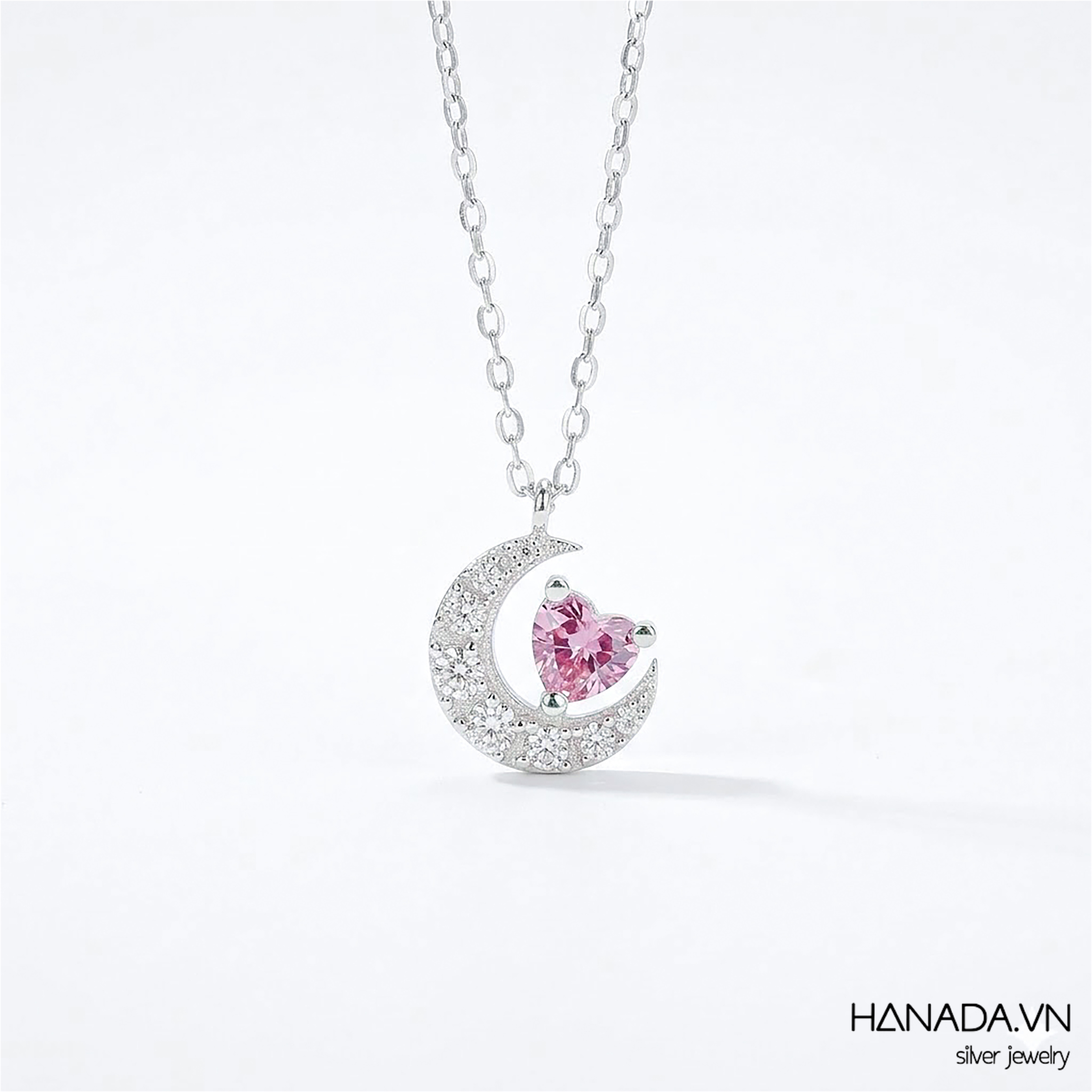 Dây Chuyền Đá Cubic Zirconia Mặt Trăng Tim Đá Hồng Nữ HANADA 2854