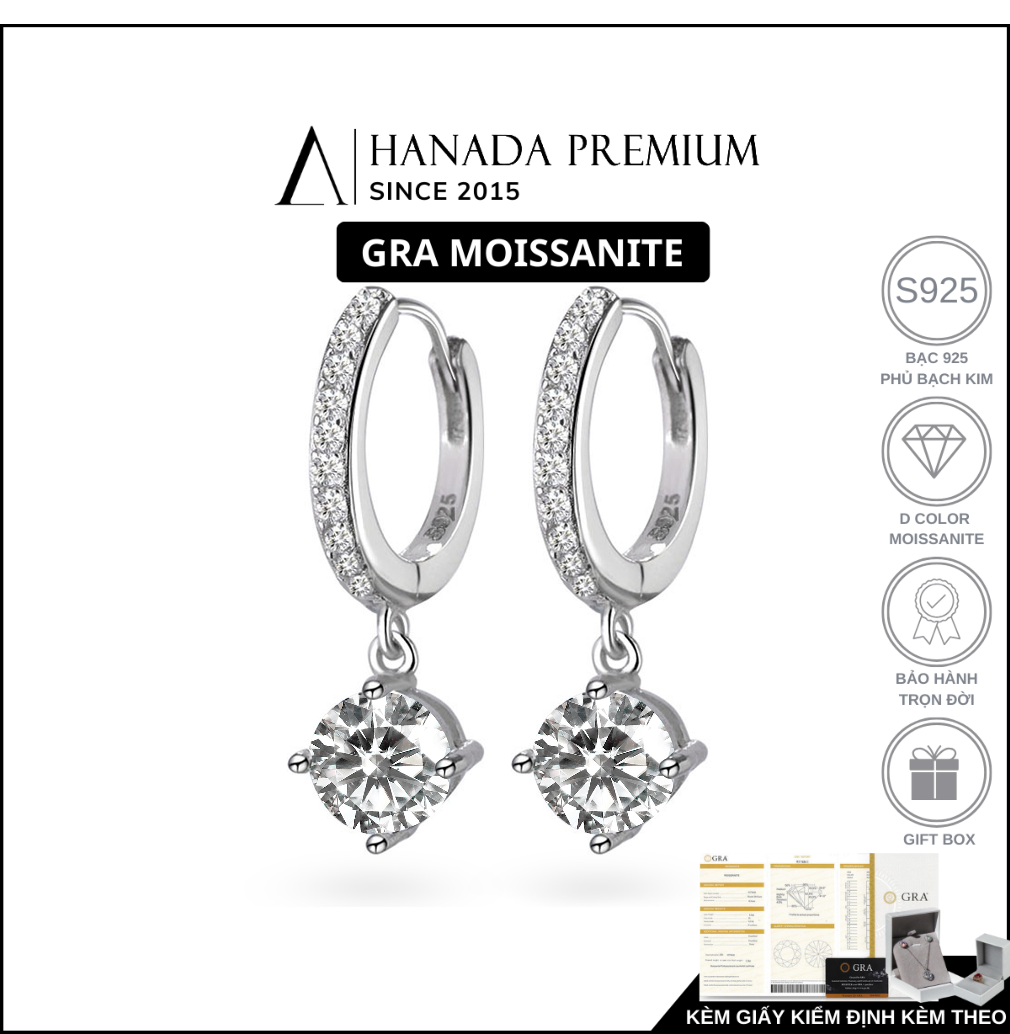 Khuyên tai nửa vòng đá tròn phối đá chủ Moissanite 5mm 2210