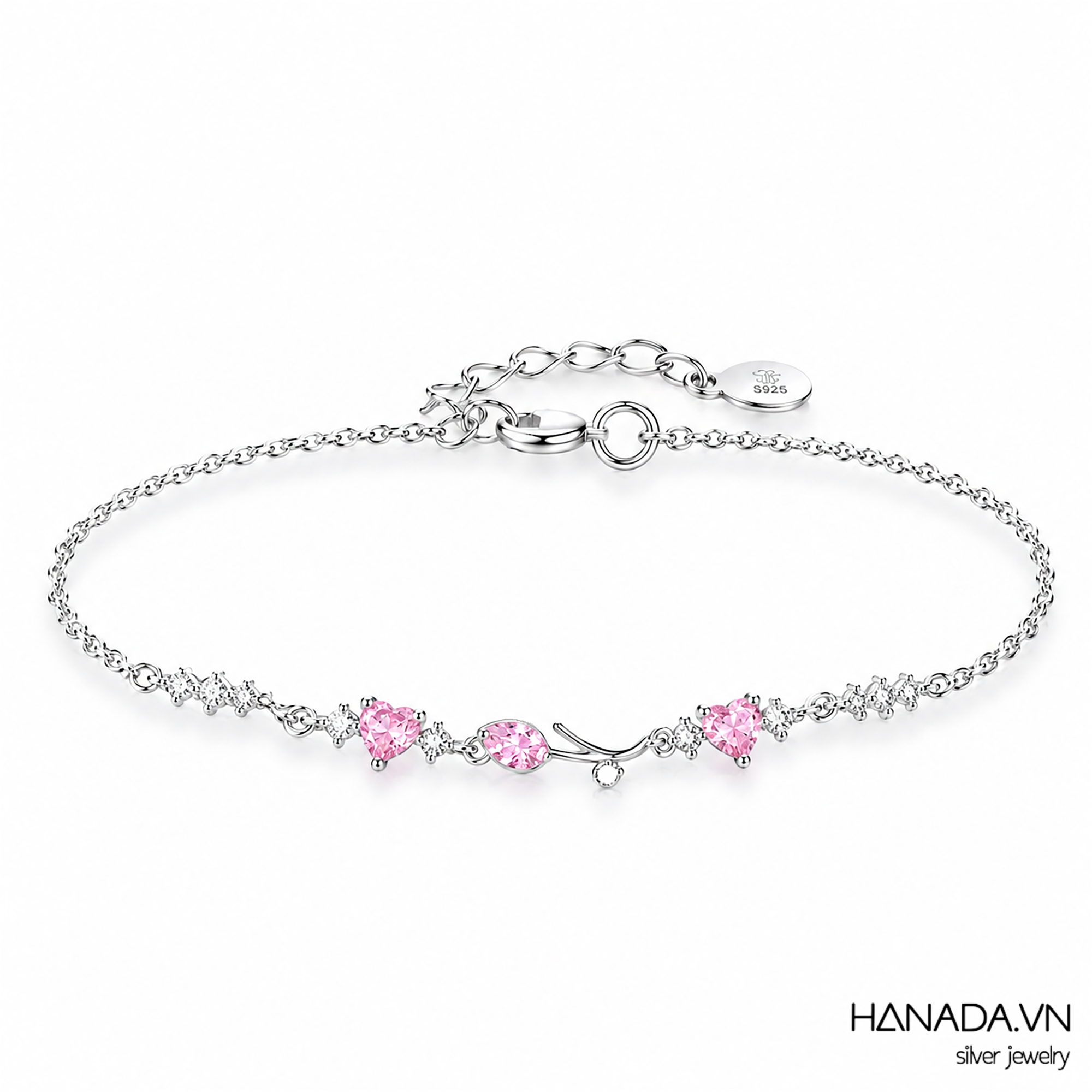Lắc tay Đá Cubic Zirconia Hoa Tulip Đá Tim Hồng Nữ HANADA 2896