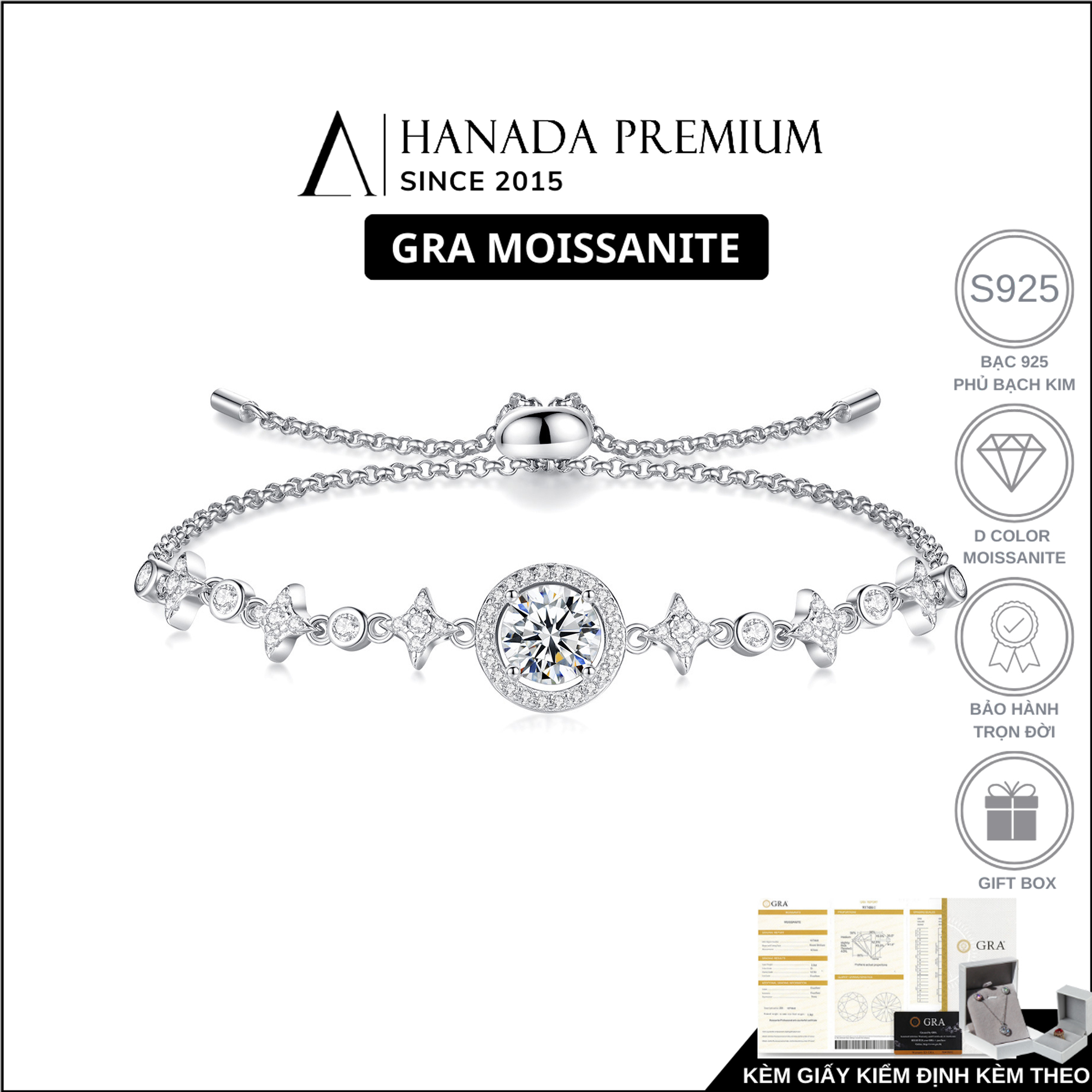 Lắc tay Đá Moissanite 6.5mm Dây Rút Hoa Tuyết 2588