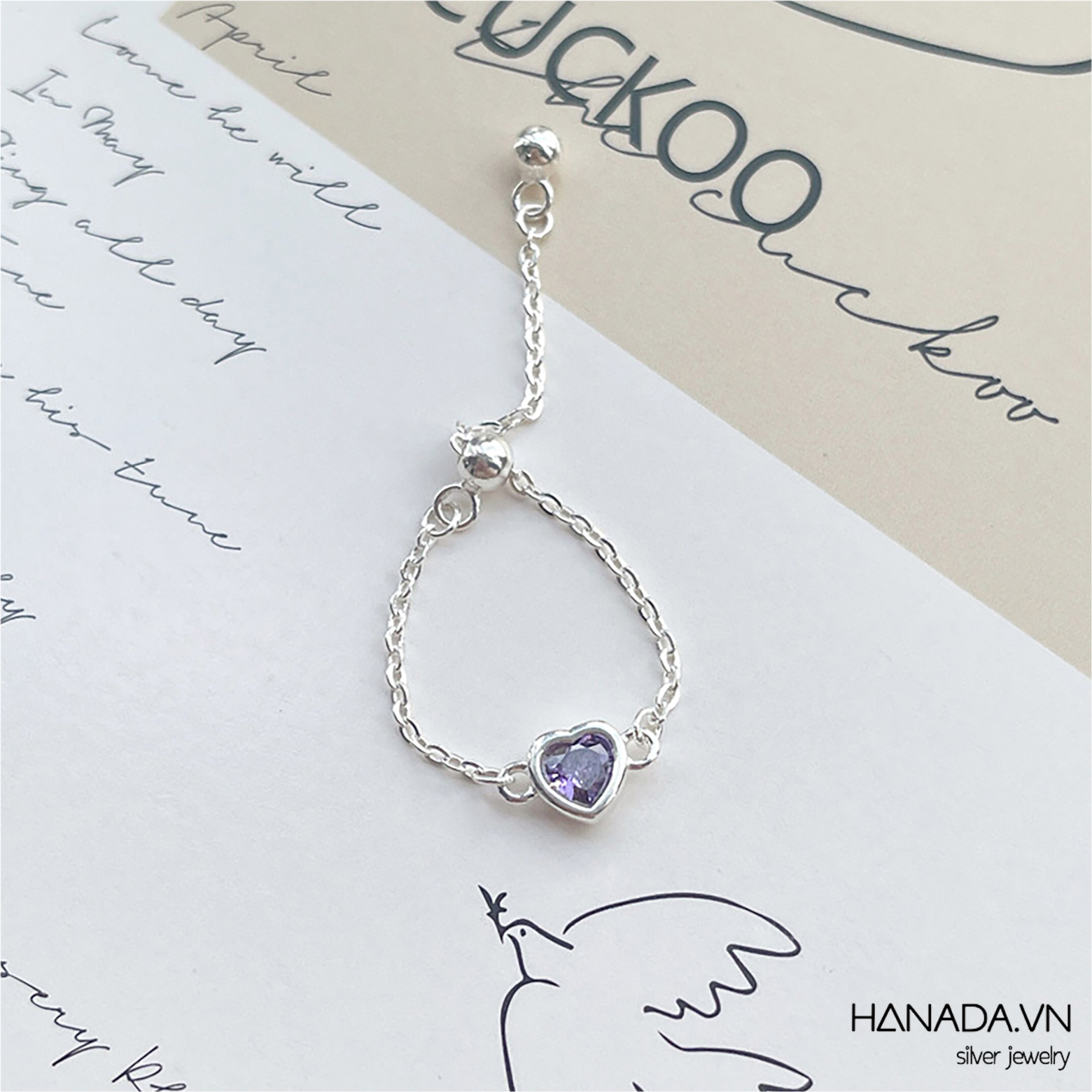 Nhẫn Dây Xích Charm Đá Màu Hình Trái Tim 2696