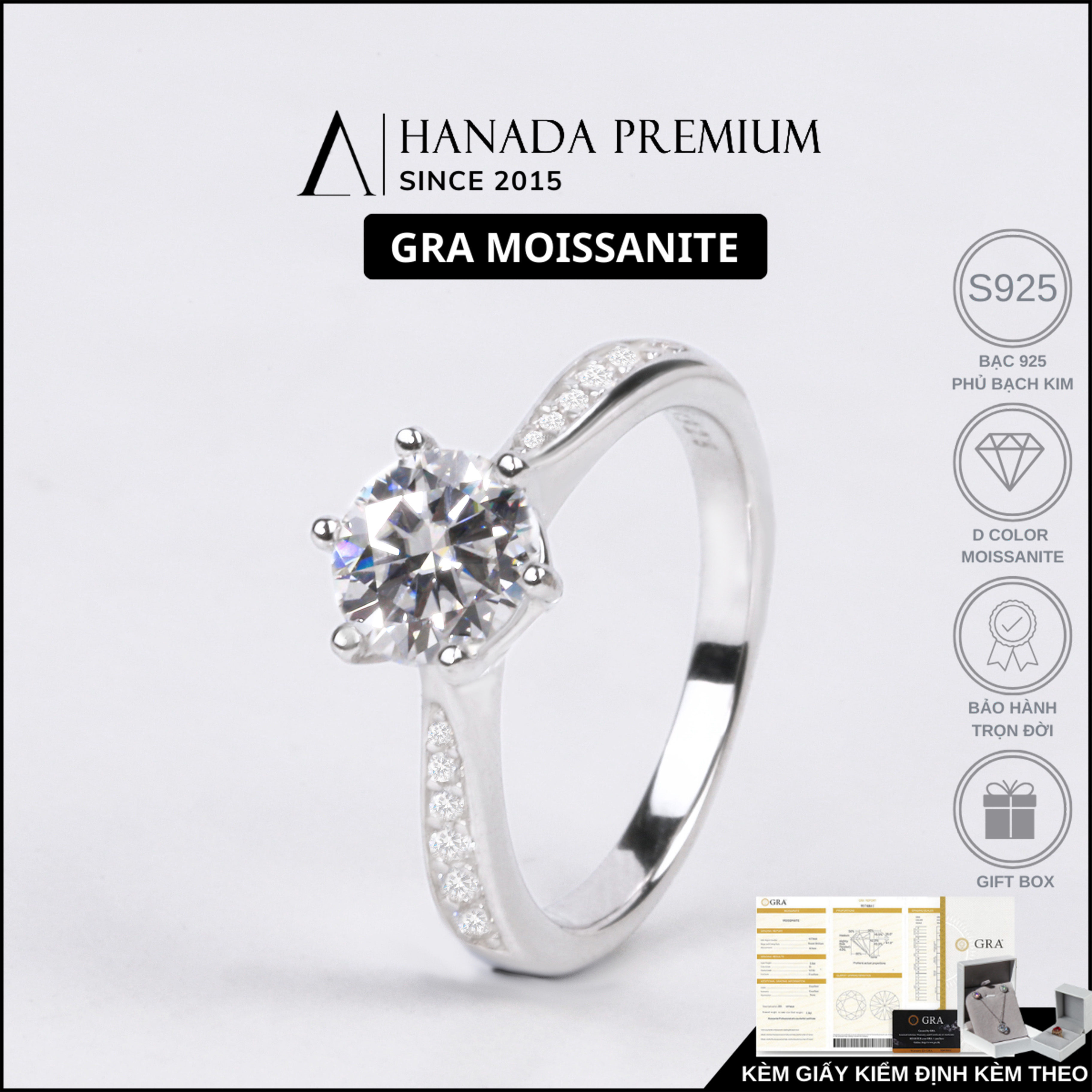 Nhẫn Kim cương Moissanite 6.5 mm 6 chấu viền đá 1880