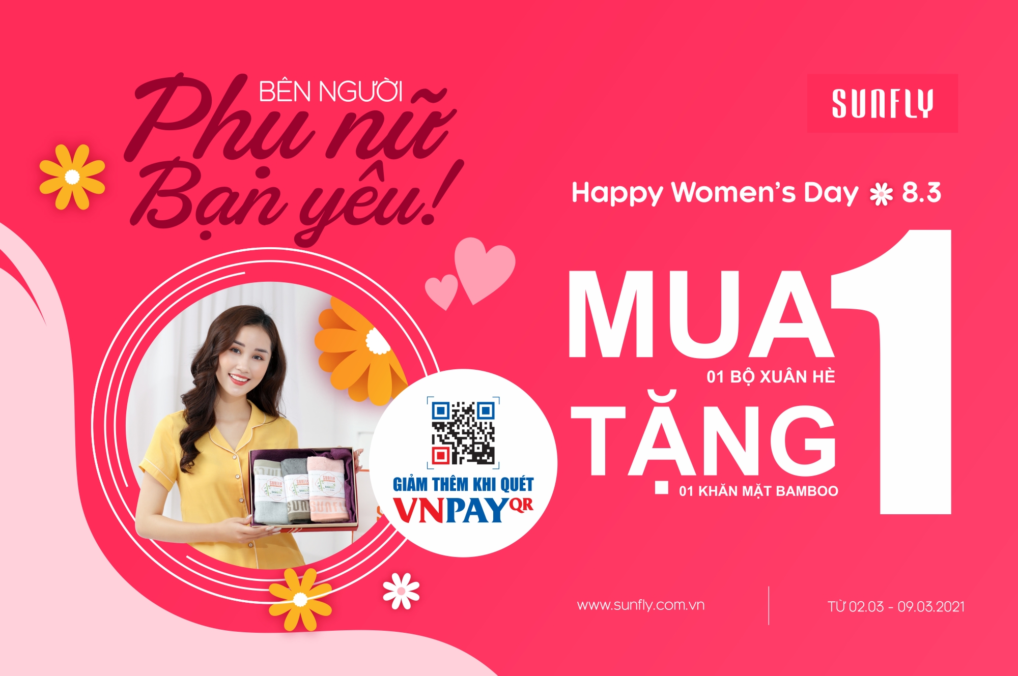 Chào mừng 08/03 - Sunfly bên người phụ nữ bạn yêu mua 1 tặng 1 + Giảm thêm khi thanh toán VNPAY