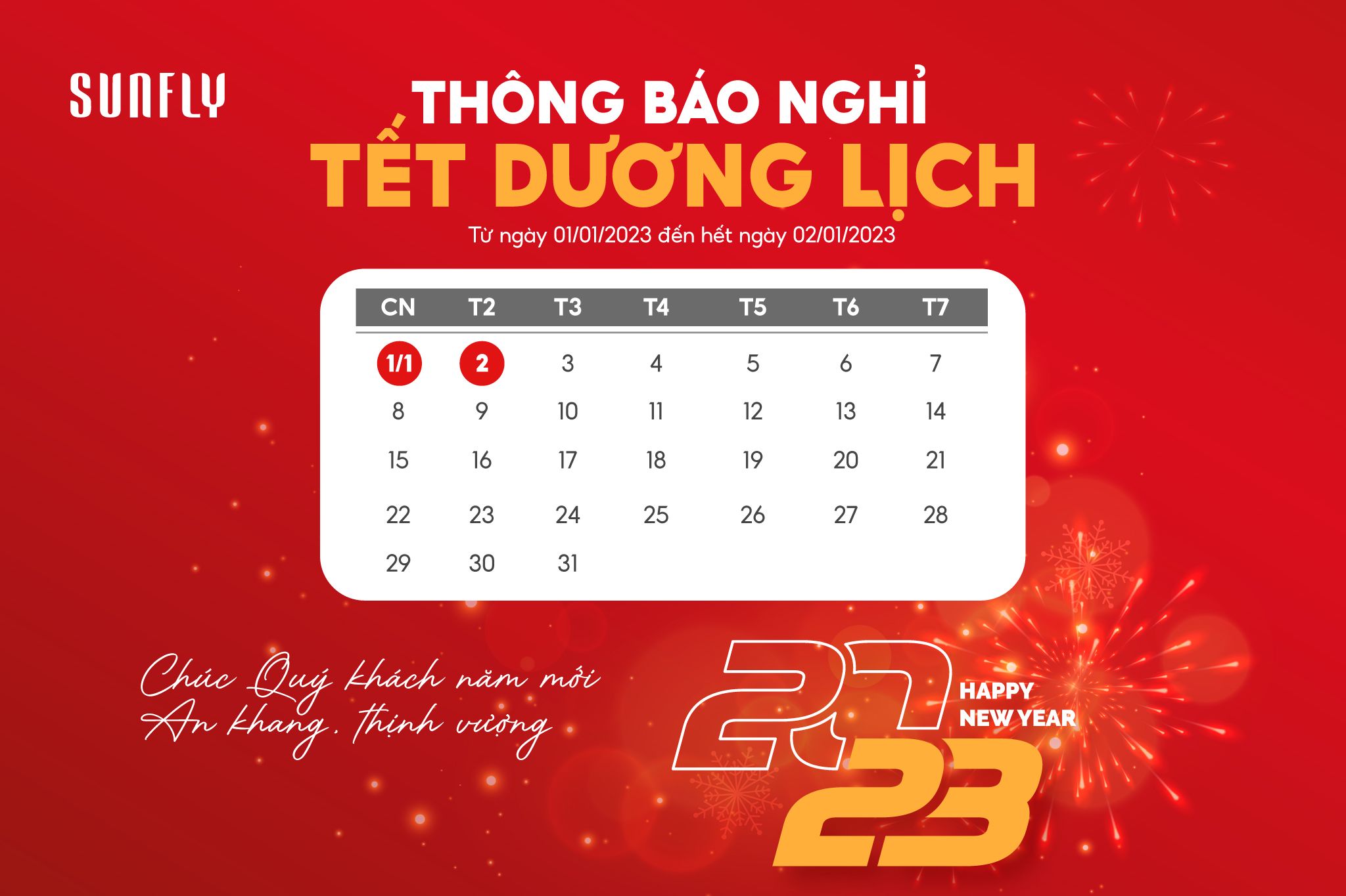 THÔNG BÁO NGHỈ TẾT DƯƠNG LỊCH 2023