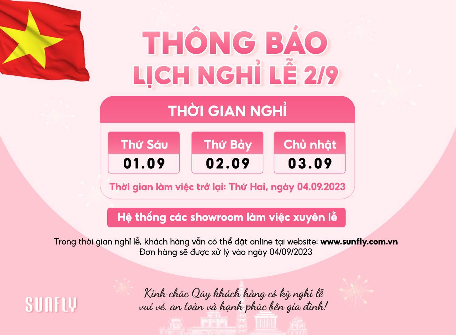 SUNFLY THÔNG BÁO LỊCH NGHỈ LỄ QUỐC KHÁNH 2/9