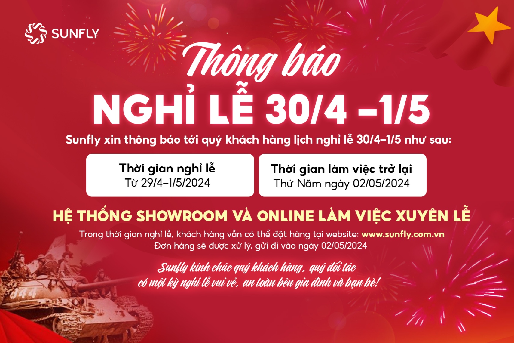 SUNFLY THÔNG BÁO LỊCH NGHỈ LỄ 30/04 - 1/5